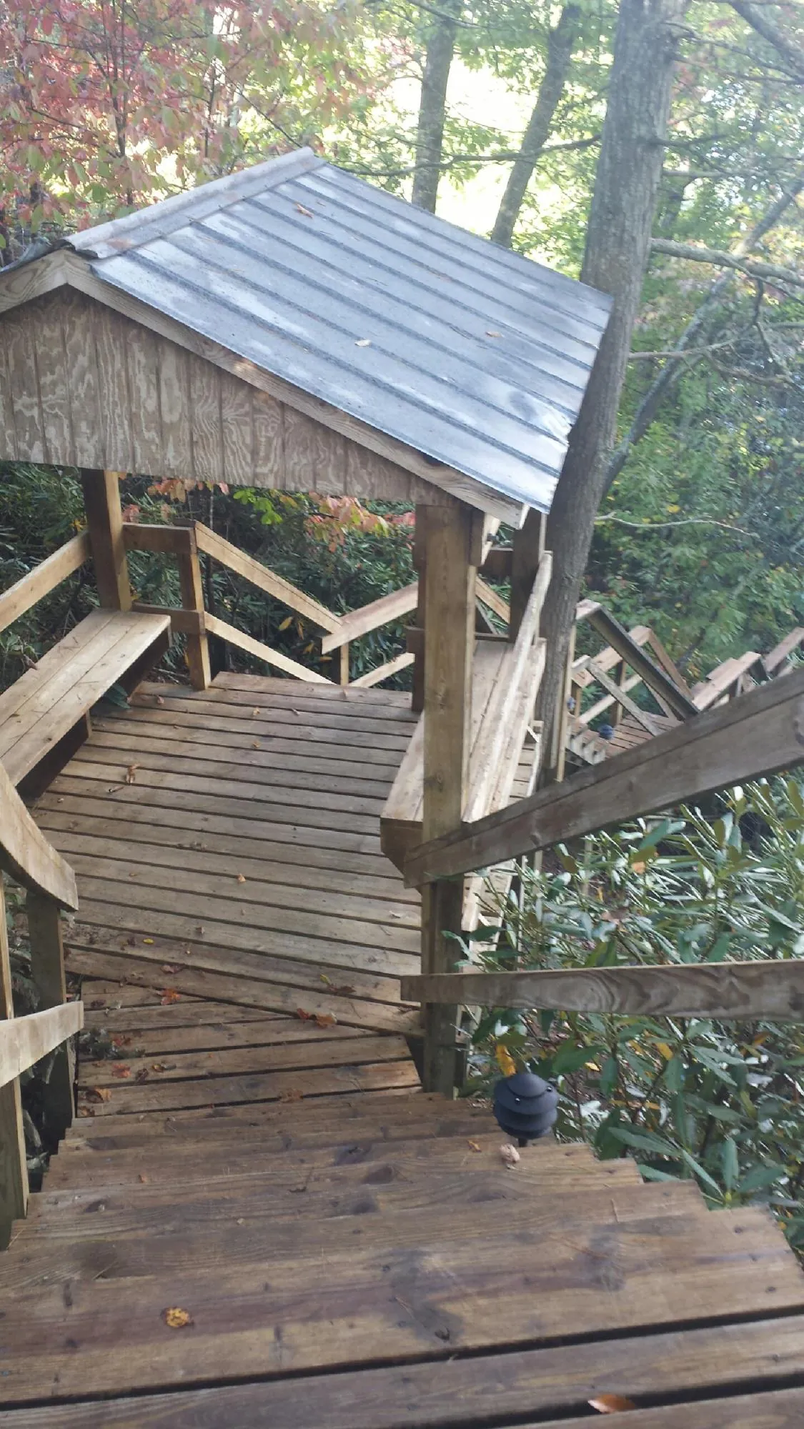 Metal roofed shelter over wooden steps on a wooded walkway — Skylight Repair & Installation work by our crew in Gould